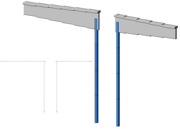 КЭ модель стропильной балки после усиления и устройства проема. Общий вид (разрезная схема тип 2 — участок над проемом исключен из работы)