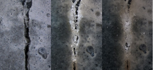 Процесс регенерации трещин в самовосстанавливающемся бетоне