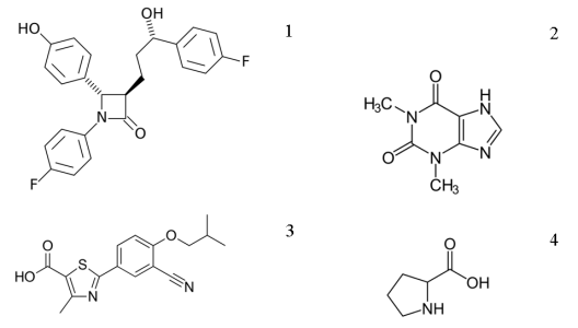 Структура эзетимиба — 1; теофиллина — 2; фебуксостата — 3; L-пролина — 4