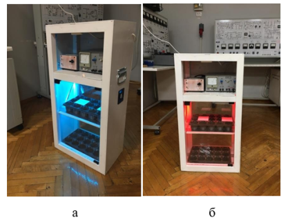 Общий вид модели предлагаемой биотехнологической установки: а — с синим спектром освещения; б — с красным спектром освещения