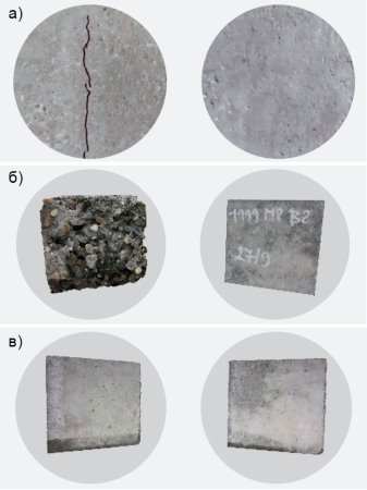 Визуальное сравнение покрытий из обычного бетона (слева) и из полимер-армированного фибробетона (справа): а — результаты испытания на пластическую усадку; б — результаты испытания на морозостойкость; в — результаты испытания на водонепроницаемость [8]
