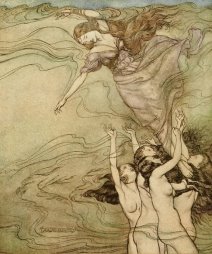 Arthur Rackham. The water nymphs, that in the bottom played, Held up their pearled wrists and took her in. 1922