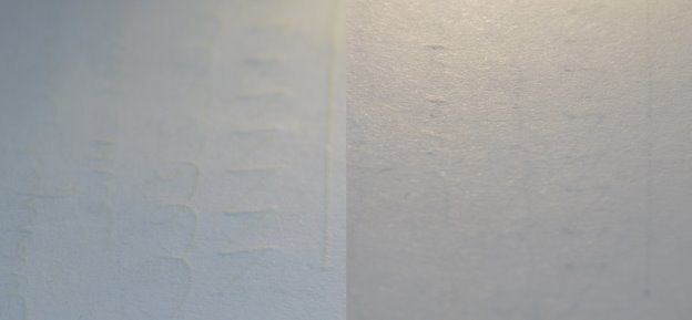 Слева — обратная сторона листа А4 с штрихами шариковой ручки Erich Krause R-301 в косопадающем освещении. Справа — обратная сторона того же листа со штрихами гелевой ручки BIC Gel-ocity (синей) в косопадающем освещении. Более выраженный рельеф на правом изображении является следствием большего нажима (позитивный след борозды), который прикладывается при письме к шариковой ручке по сравнению с гелевой