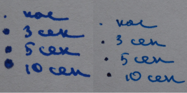 Слева — точки, оставленные ручкой BIC Gel-ocity; справа — ручкой Erich Krause R-301. «кас» — точка от касания, «3, 5, 10 сек» — точка от удержания в течение 3, 5 и 10 секунд соответственно