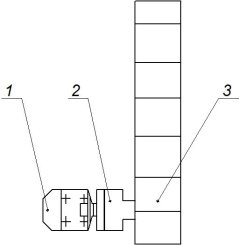 Схема привода установки: 1 — Мотор-редуктор; 2 — Вал с муфтой; 3 — Лента