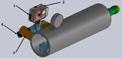 Стенд с системой фиксации измерений (1 — защитный бокс камеры, 2 — камера, держатель, 3 — фонарик)
