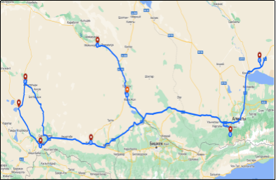 Путь, пройденный Яков Иккессом на территории Казахстана сохраненный в Google Maps