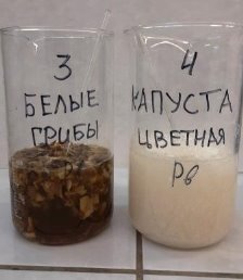 Цветная капуста и грибы в мерных стаканах с растворами катионов после 10 мин контакта растворов с «природными сорбентами»