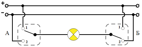 Принципиальная схема проходного выключателя на трехпроводной линии.