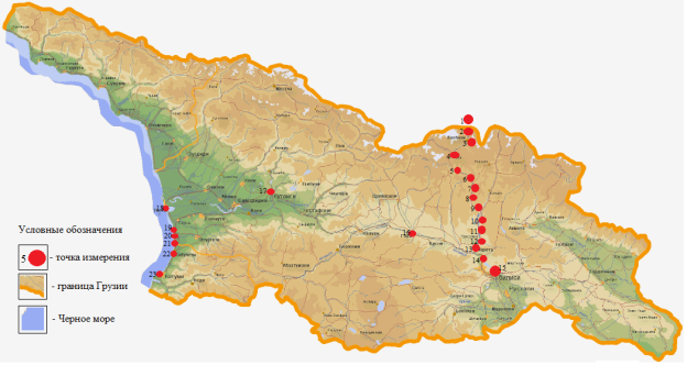 Карта-схема исследований уровня радиации в Грузии