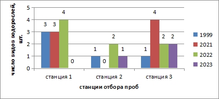 Число видов водорослей по станциям р Байкал за 4 года